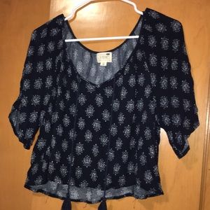 Navy Blue Patterned Half-Sleeved Blouse